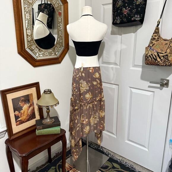 Stefanel Light Brown & Yellow Floral Silk Ruffle Tiered Asymmetrical Fairy Skirt - Picture 4 of 7